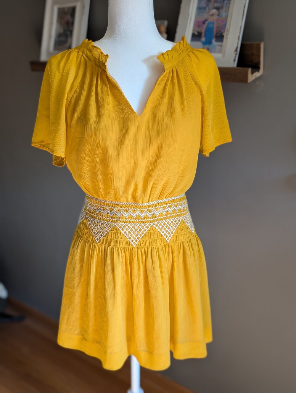 MADEWELL Yellow Boho Cottagecore Smocked Mini Dress Flutter Sleeve Womens Size 2